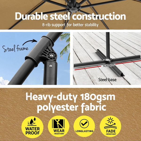 Instahut 3M Outdoor Umbrella W/Base Cantilever Garden Beach Patio Beige Patio Umbrellas