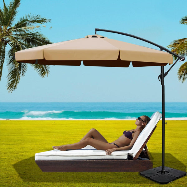 Instahut 3M Outdoor Umbrella W/Base Cantilever Garden Beach Patio Beige Patio Umbrellas