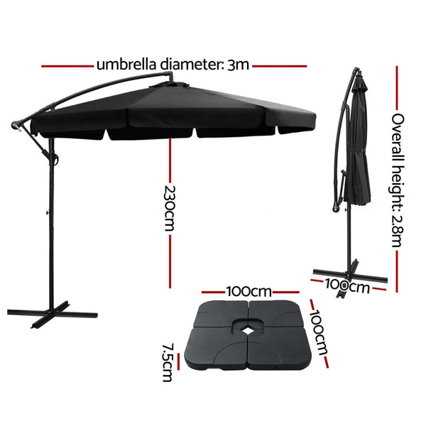 Instahut 3M Outdoor Umbrella W/Base Cantilever Garden Beach Patio Black Patio Umbrellas