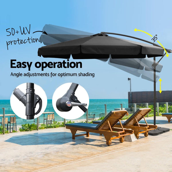 Instahut 3M Outdoor Umbrella W/Base Cantilever Garden Beach Patio Black Patio Umbrellas