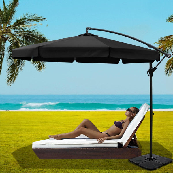 Instahut 3M Outdoor Umbrella W/Base Cantilever Garden Beach Patio Black Patio Umbrellas