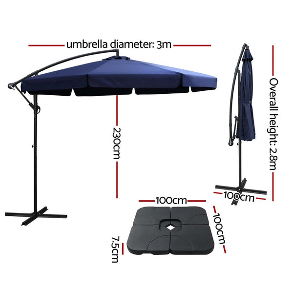 Instahut 3M Outdoor Umbrella W/Base Cantilever Garden Beach Patio Navy Patio Umbrellas
