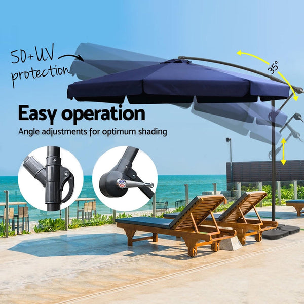 Instahut 3M Outdoor Umbrella W/Base Cantilever Garden Beach Patio Navy Patio Umbrellas