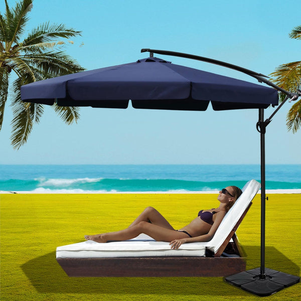 Instahut 3M Outdoor Umbrella W/Base Cantilever Garden Beach Patio Navy Patio Umbrellas