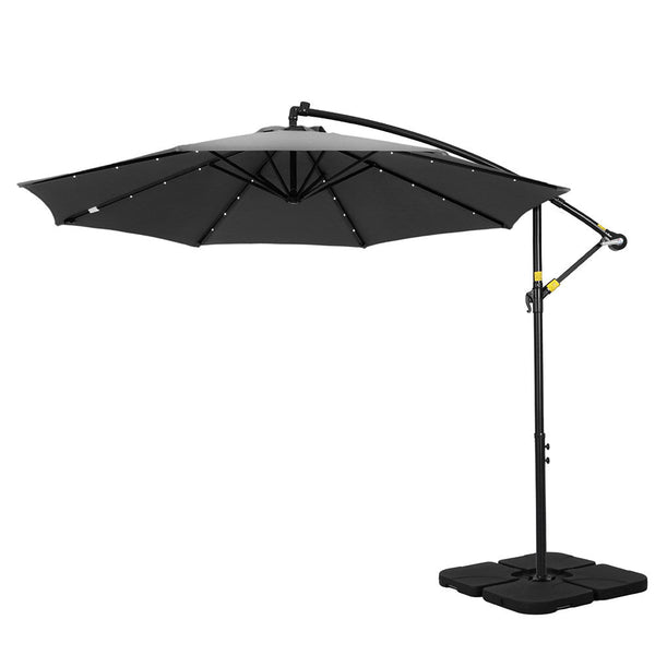 Instahut Outdoor Umbrella 3M Cantilever Beach Led Base Garden Sun Patio Charcoal Patio Umbrellas