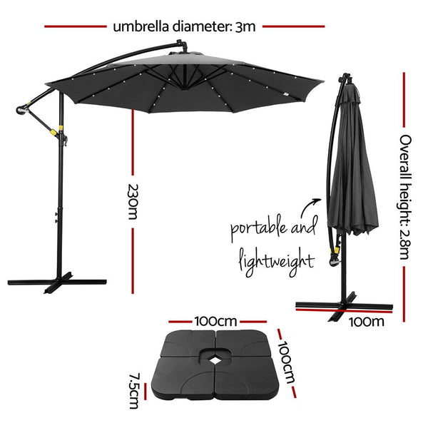 Instahut Outdoor Umbrella 3M Cantilever Beach Led Base Garden Sun Patio Charcoal Patio Umbrellas