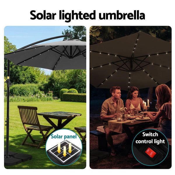 Instahut Outdoor Umbrella 3M Cantilever Beach Led Base Garden Sun Patio Charcoal Patio Umbrellas