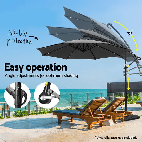 Instahut Outdoor Umbrella 3M Cantilever Beach Led Base Garden Sun Patio Charcoal Patio Umbrellas