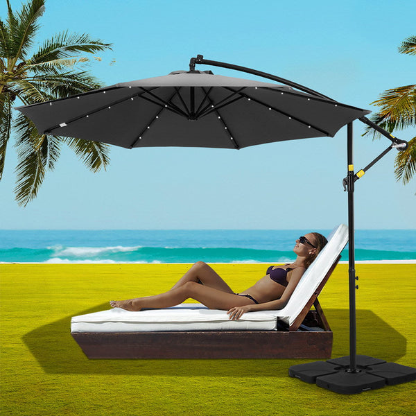Instahut Outdoor Umbrella 3M Cantilever Beach Led Base Garden Sun Patio Charcoal Patio Umbrellas