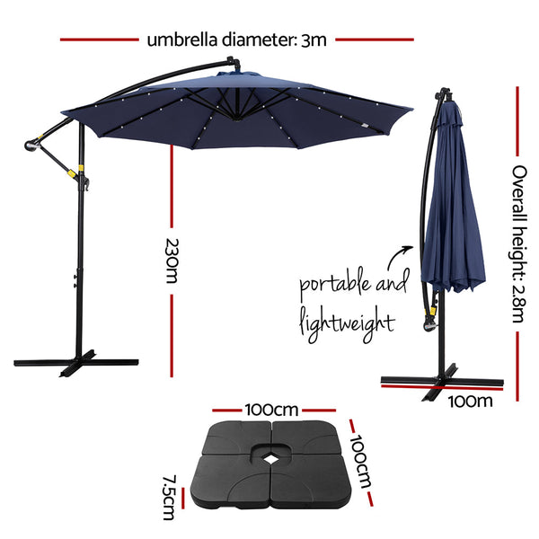 Instahut Outdoor Umbrella 3M Cantilever Beach Led W/Base Garden Shade Patio Navy Patio Umbrellas