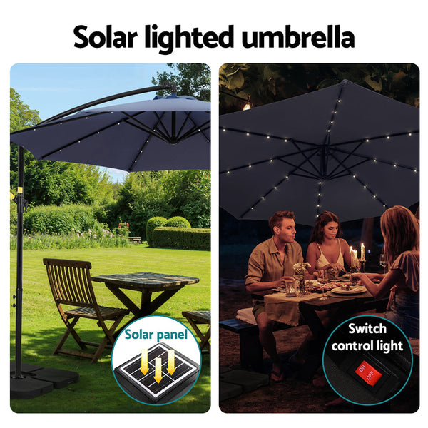 Instahut Outdoor Umbrella 3M Cantilever Beach Led W/Base Garden Shade Patio Navy Patio Umbrellas