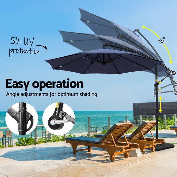 Instahut Outdoor Umbrella 3M Cantilever Beach Led W/Base Garden Shade Patio Navy Patio Umbrellas