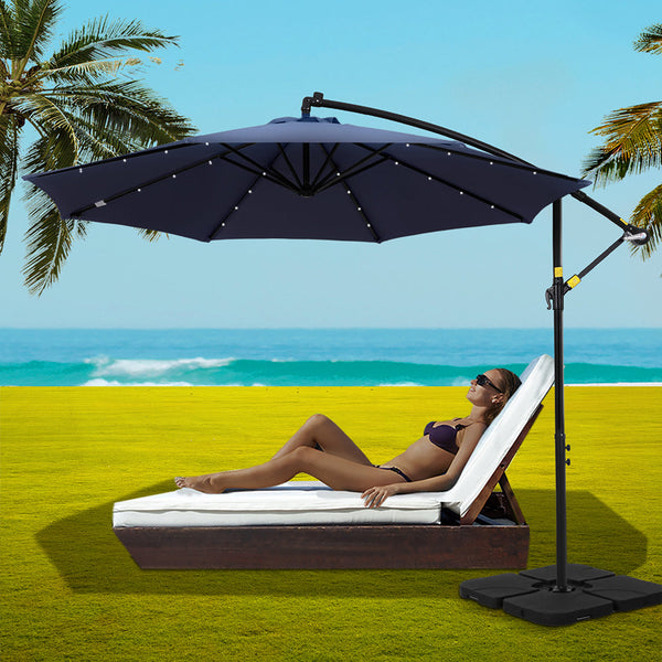 Instahut Outdoor Umbrella 3M Cantilever Beach Led W/Base Garden Shade Patio Navy Patio Umbrellas