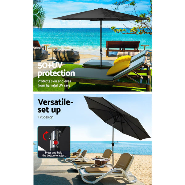 Instahut Outdoor Umbrella 2.7M Base Beach Pole Garden Tilt Sun Patio Uv Black Patio Umbrellas