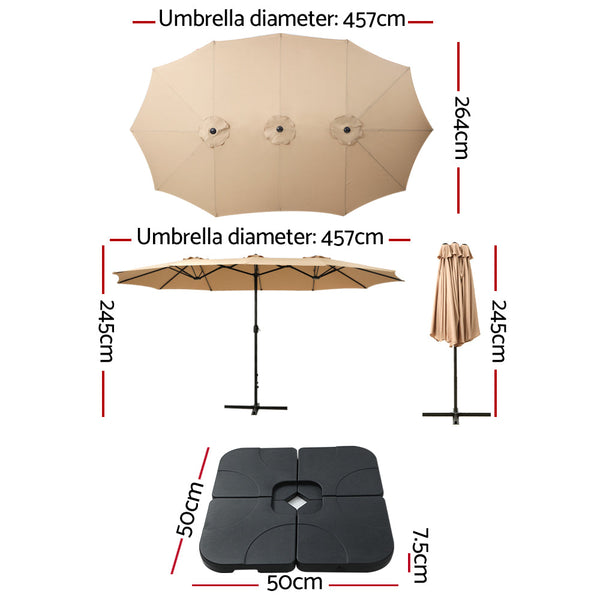 Instahut 4.57M Outdoor Umbrella W/Base Stand Beach Pole Garden Tilt Beige Patio Umbrellas