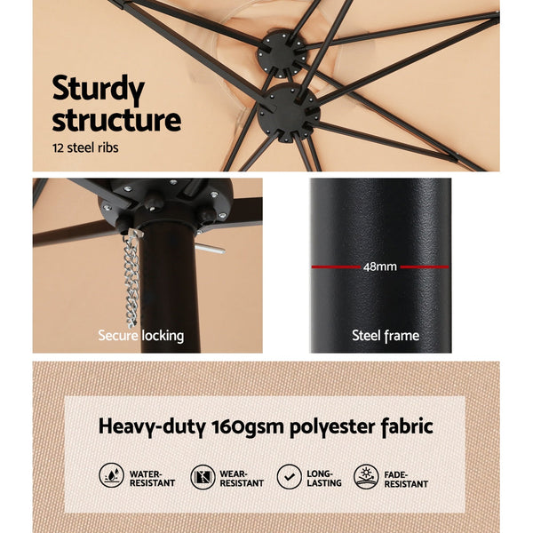 Instahut 4.57M Outdoor Umbrella W/Base Stand Beach Pole Garden Tilt Beige Patio Umbrellas