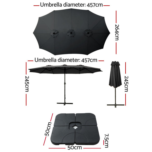 Instahut 4.57M Outdoor Umbrella W/Base Stand Beach Pole Garden Tilt Black Patio Umbrellas