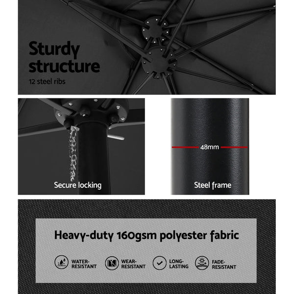 Instahut 4.57M Outdoor Umbrella W/Base Stand Beach Pole Garden Tilt Black Patio Umbrellas