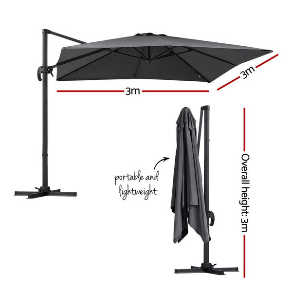 Instahut Outdoor Umbrella 3M Umbrellas Cantilever Stand Sun Roma 360 Degree Charcoal Patio Umbrellas