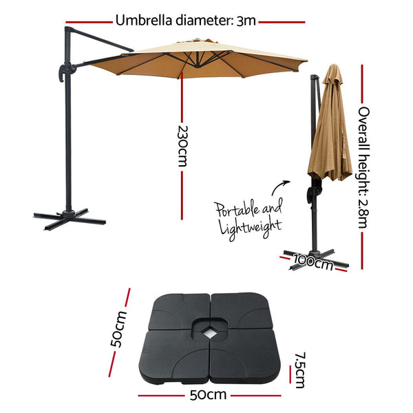Instahut 3M Outdoor Umbrella W/Base Cantilever Beach Roma 360 Degree Tilt Beige Patio Umbrellas