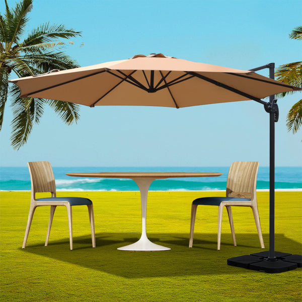 Instahut 3M Outdoor Umbrella W/Base Cantilever Beach Roma 360 Degree Tilt Beige Patio Umbrellas