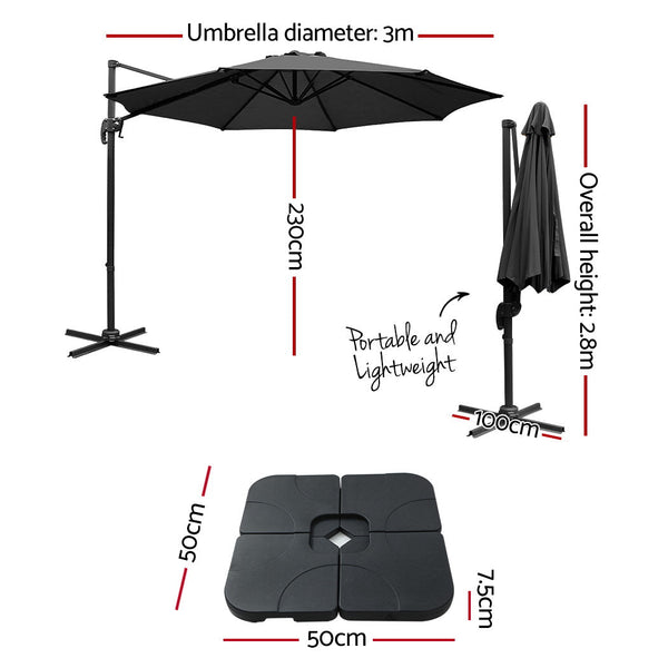 Instahut 3M Outdoor Umbrella W/Base Cantilever Beach Roma 360 Degree Tilt Black Patio Umbrellas