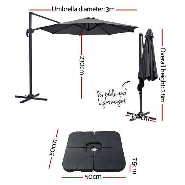 Instahut 3M Outdoor Umbrella W/Base Cantilever Beach Roma 360 Degree Tilt Charcoal Patio Umbrellas