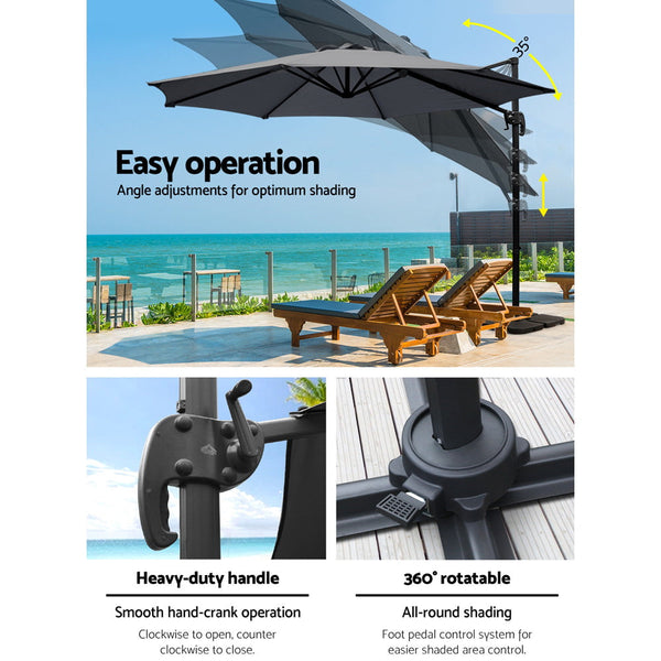 Instahut 3M Outdoor Umbrella W/Base Cantilever Beach Roma 360 Degree Tilt Charcoal Patio Umbrellas