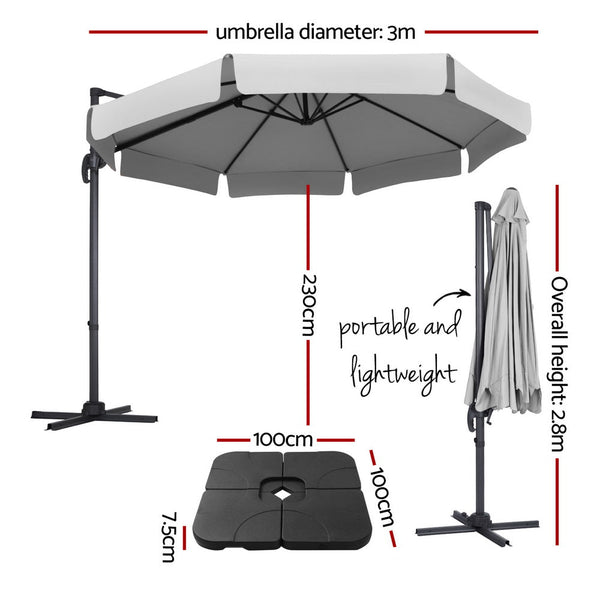 Instahut 3M Outdoor Umbrella W/Base Cantilever Beach Roma 360 Degree Tilt Grey Patio Umbrellas