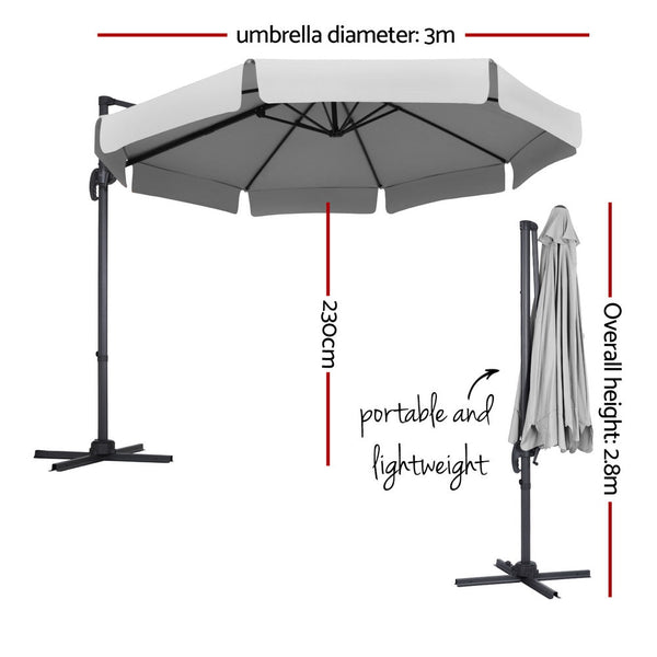 Instahut 3M Outdoor Umbrella Cantilever 360 Degree Tilt Beach Roma Grey Patio Umbrellas
