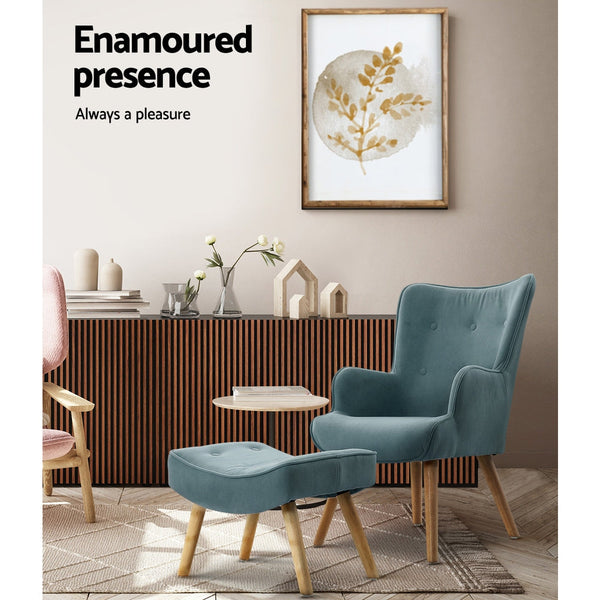 Artiss Armchair Set With Ottoman Blue Lansar Sofas Armchairs & Couches