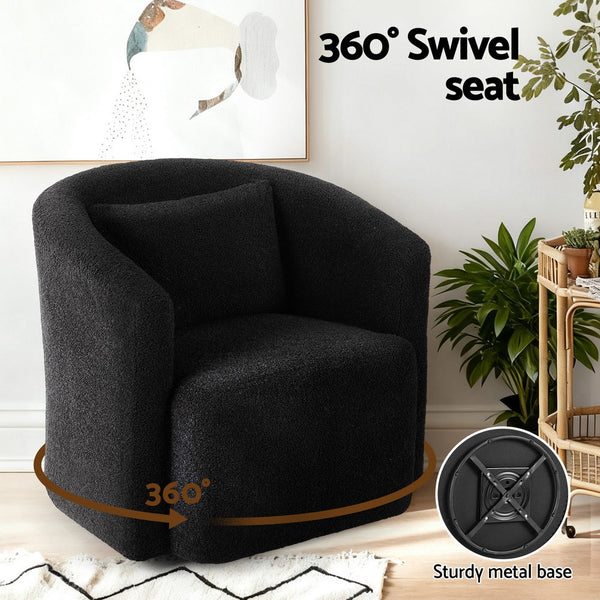 Artiss Round Swivel Armchair Sherpa Fleece Black Sofas Armchairs & Couches