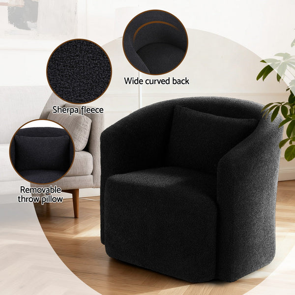 Artiss Round Swivel Armchair Sherpa Fleece Black Sofas Armchairs & Couches