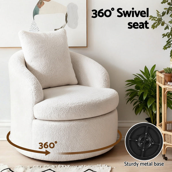 Artiss Round Swivel Armchair Extra Pillow White Sofas Armchairs & Couches