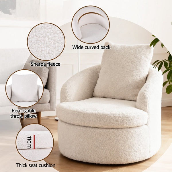 Artiss Round Swivel Armchair Extra Pillow White Sofas Armchairs & Couches