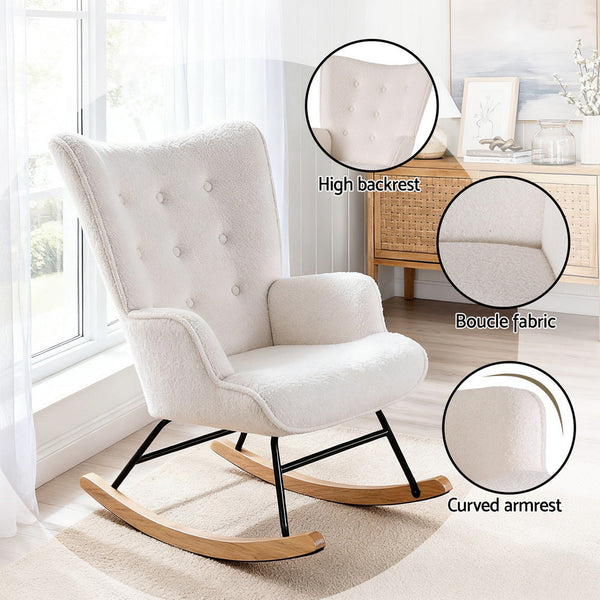 Artiss Rocking Armchair Nursing Chair Boucle Fabric White Sofas Armchairs & Couches