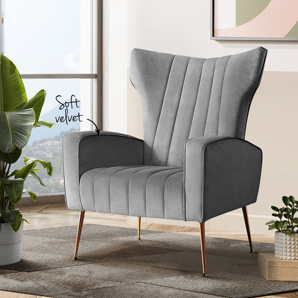 Artiss Armchair Grey Velvet Kate Sofas Armchairs & Couches