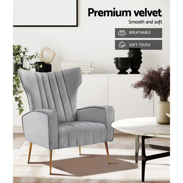 Artiss Armchair Grey Velvet Kate Sofas Armchairs & Couches