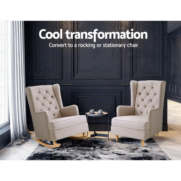 Artiss Rocking Chair Armchair Linen Fabric Beige Gaia Sofas Armchairs & Couches