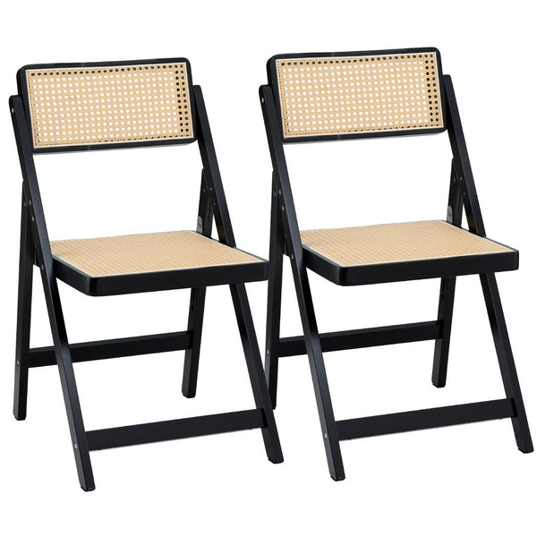 Artiss 2X Wooden Rattan Foldable Black Dining Chairs