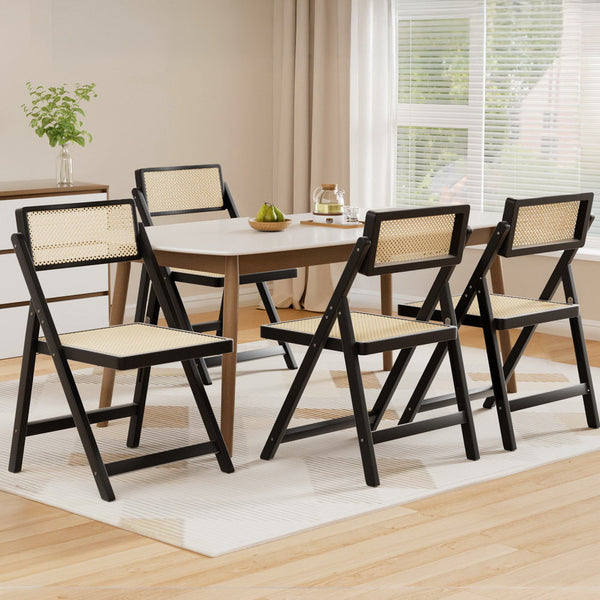 Artiss 4X Wooden Rattan Foldable Black Dining Chairs