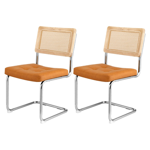 Artiss Set Of 2 Pu Leather Rattan Cantilever Brown Dining Chairs