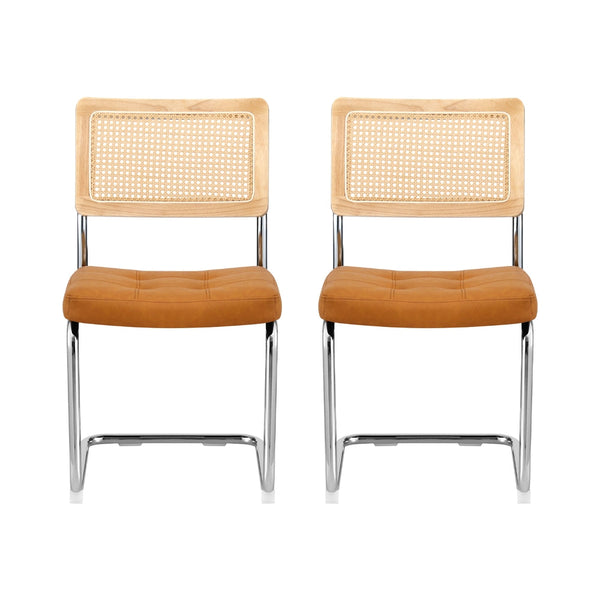 Artiss Set Of 2 Pu Leather Rattan Cantilever Brown Dining Chairs
