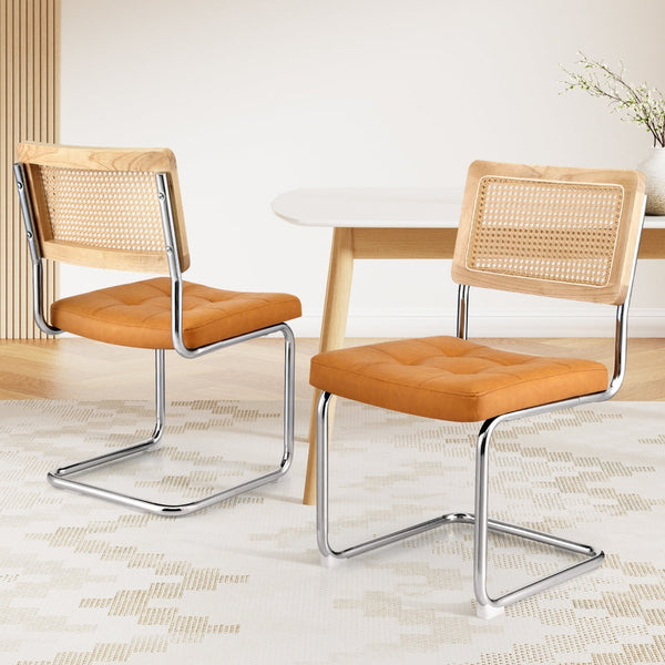 Artiss Set Of 2 Pu Leather Rattan Cantilever Brown Dining Chairs
