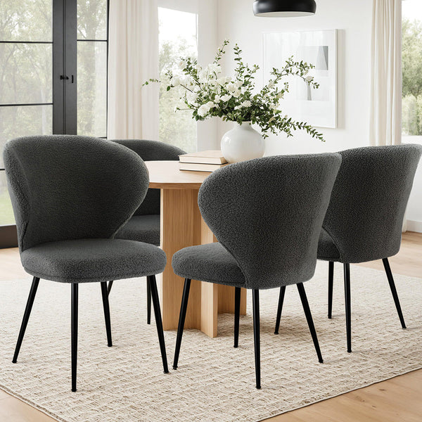 Artiss 4X Sherpa Boucle Wing Back Grey Dining Chairs