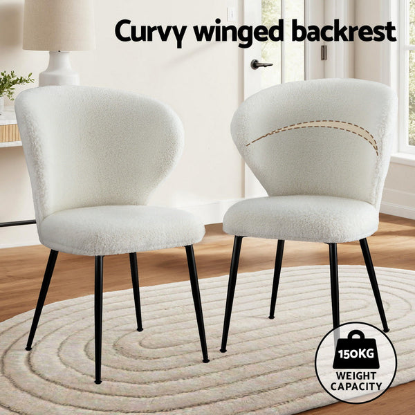 Artiss 2X Sherpa Boucle Wing Back White Dining Chairs