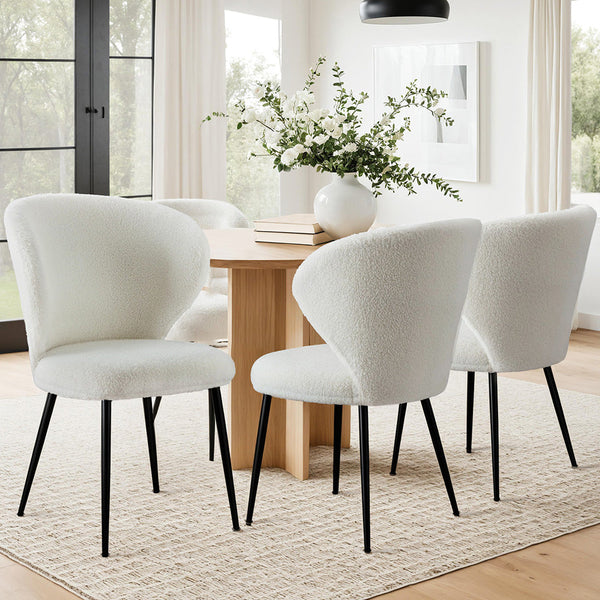 Artiss 4X Sherpa Boucle Wing Back White Dining Chairs