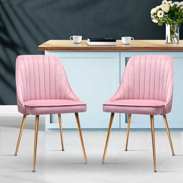 Artiss Set Of 2 Velvet Channel Tufted Pink Dining Chairs