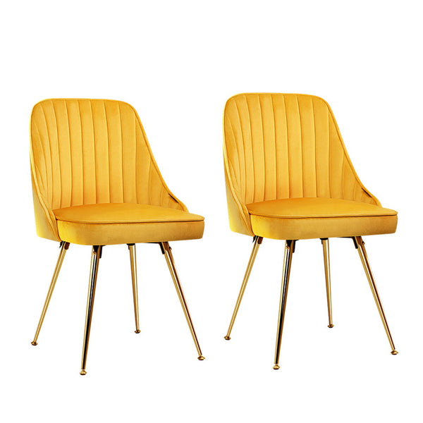 Artiss Set Of 2 Velvet Channel Tufted Yellow Dining Chairs