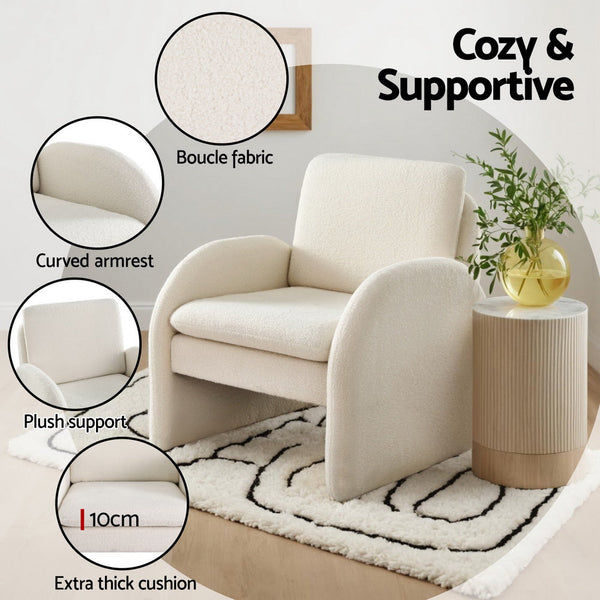 Artiss Armchair Accent Chair Lounge Tub Sofa Couch Curved Arm Seat Boucle White Sofas Armchairs & Couches